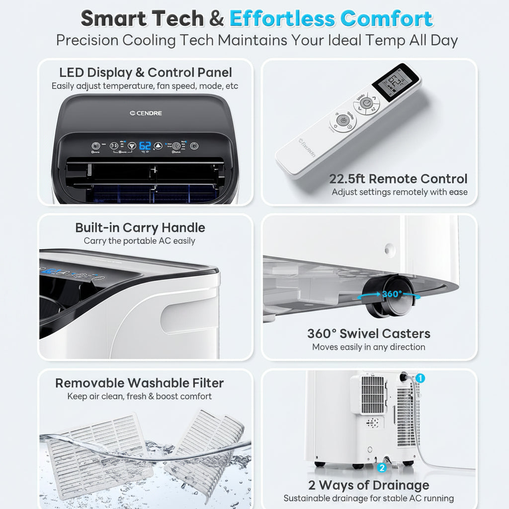 Cendre Smart Portable Air Conditioner 14,000 BTU, WiFi & Remote Control - Lo Cendre